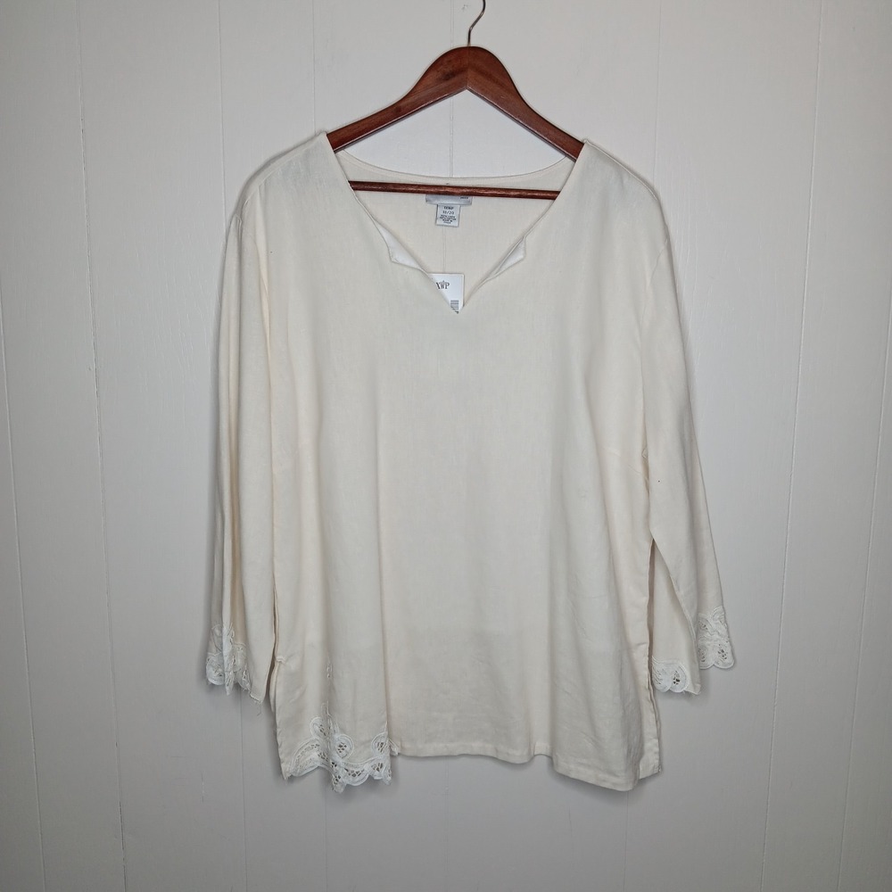Anna Maxwell Blouse Women Petite 1XWP Ivory Battenberg Lace Trim Linen Blend NWT